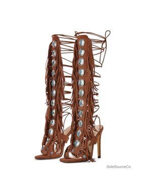 Faux Suede Gladiator Heels Tassels Stiletto Open Toe Lace Up Strappy Sandals